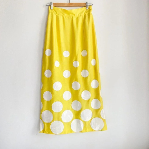 Vintage Yellow Vinyl Circle Print Midi Skirt With High Slit S - Picture 2 of 7